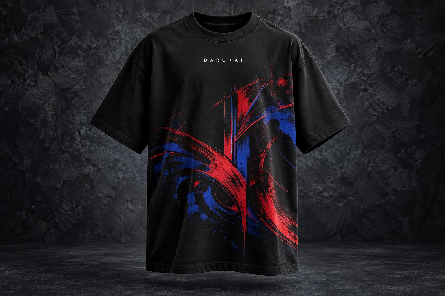 Black Darukai Universe Tee with a red and blue graphic