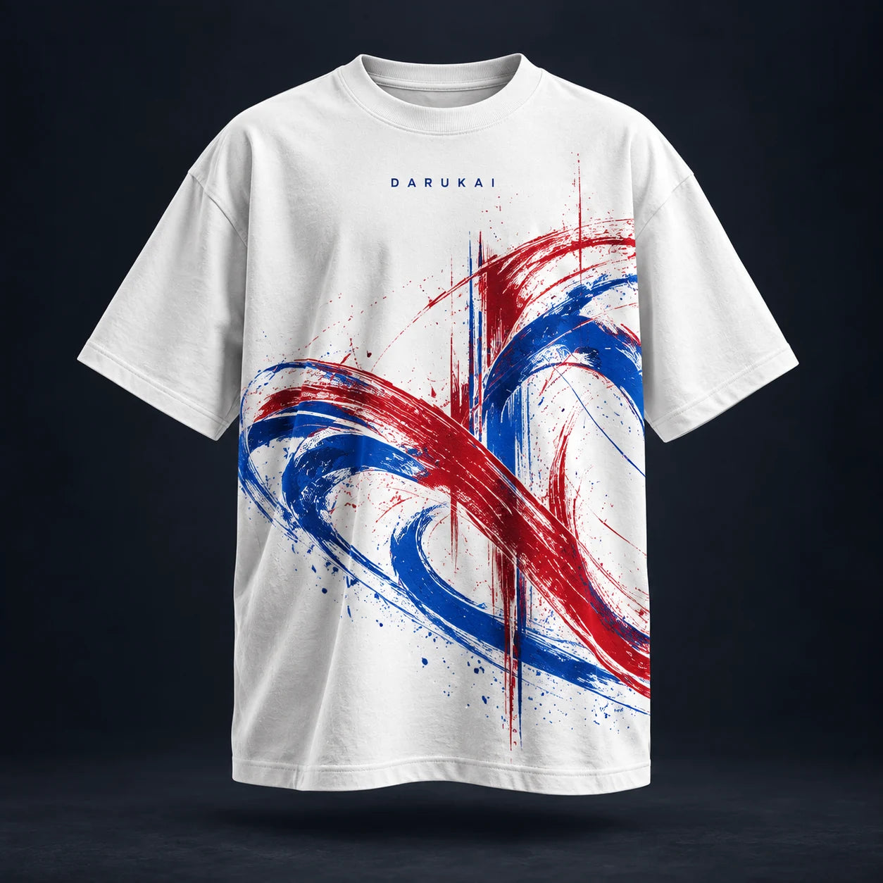 White Darukai Portal Tee with red and blue artwork