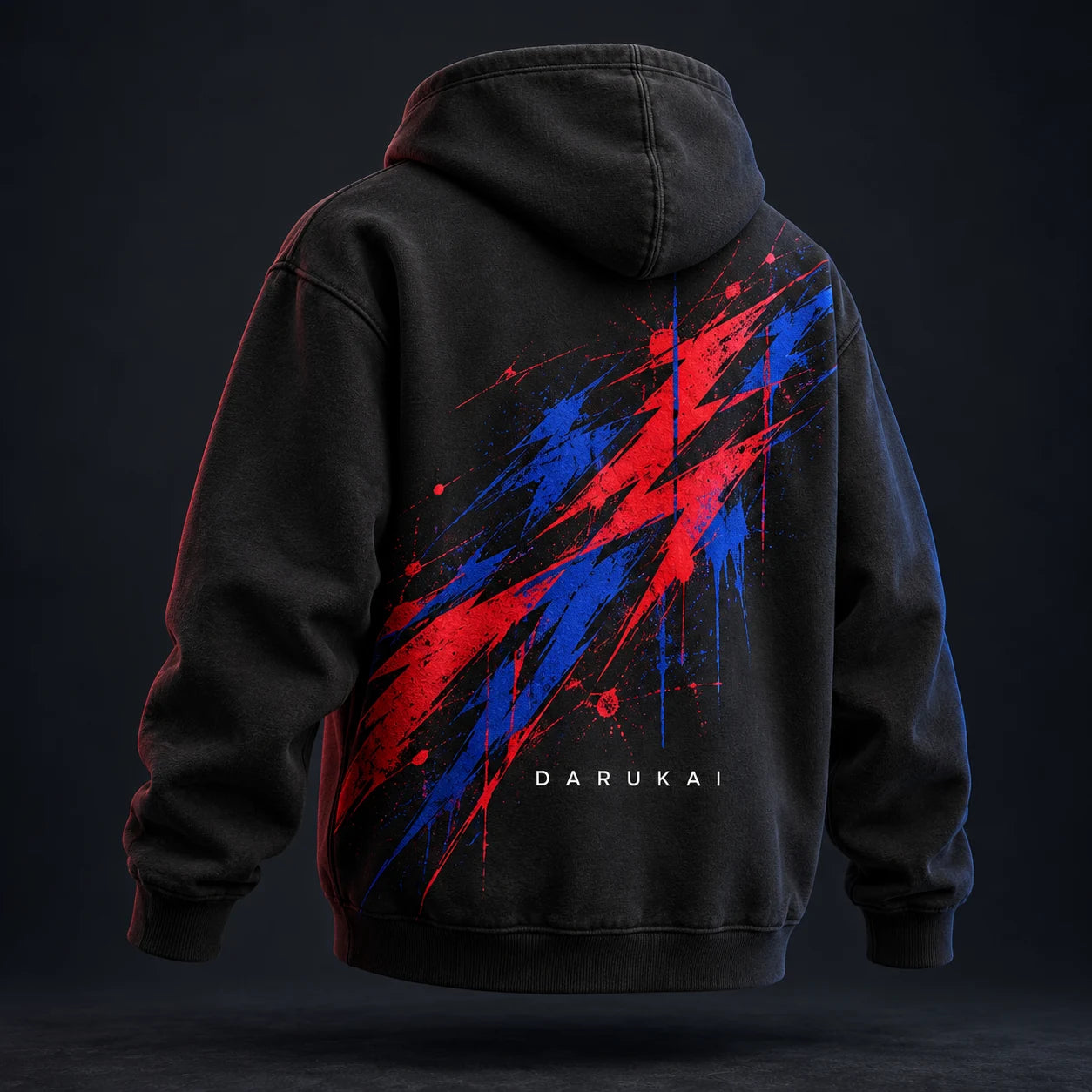 Back of the black Rift Hoodie with red and blue brush artwork